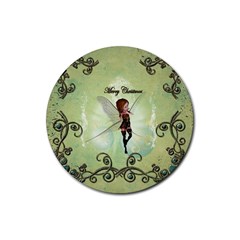 Cute Elf Playing For Christmas Rubber Round Coaster (4 Pack) 