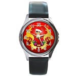 Funny, Cute Christmas Owl  With Christmas Hat Round Metal Watches