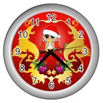 Funny, Cute Christmas Owl  With Christmas Hat Wall Clocks (Silver) 