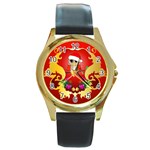 Funny, Cute Christmas Owl  With Christmas Hat Round Gold Metal Watches