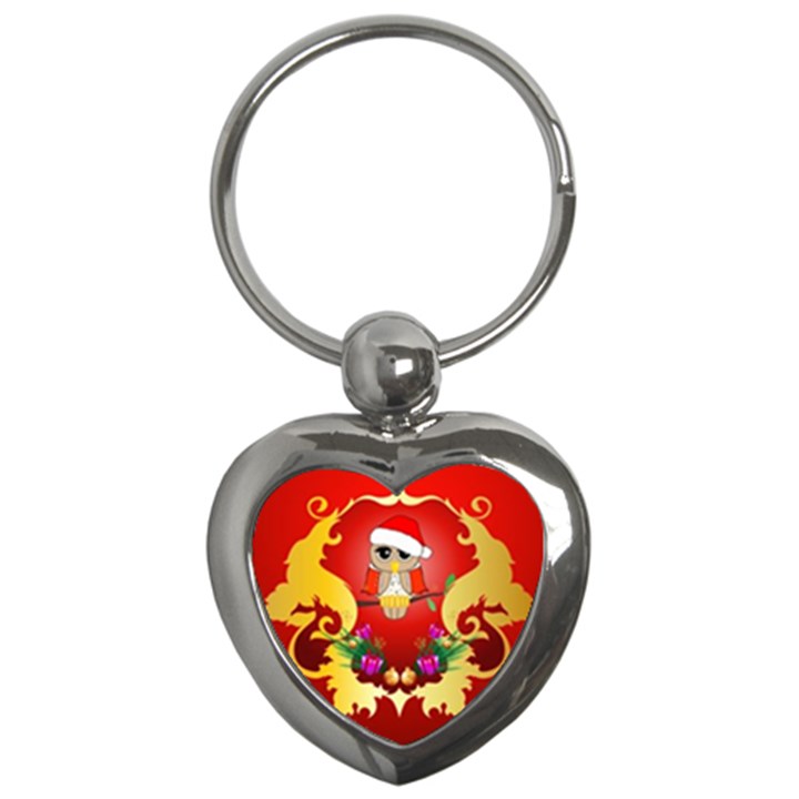 Funny, Cute Christmas Owl  With Christmas Hat Key Chains (Heart) 