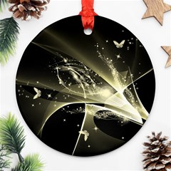 Awesome Glowing Lines With Beautiful Butterflies On Black Background Ornament (round) 