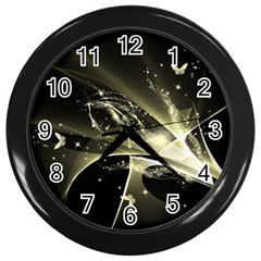 Awesome Glowing Lines With Beautiful Butterflies On Black Background Wall Clocks (black)