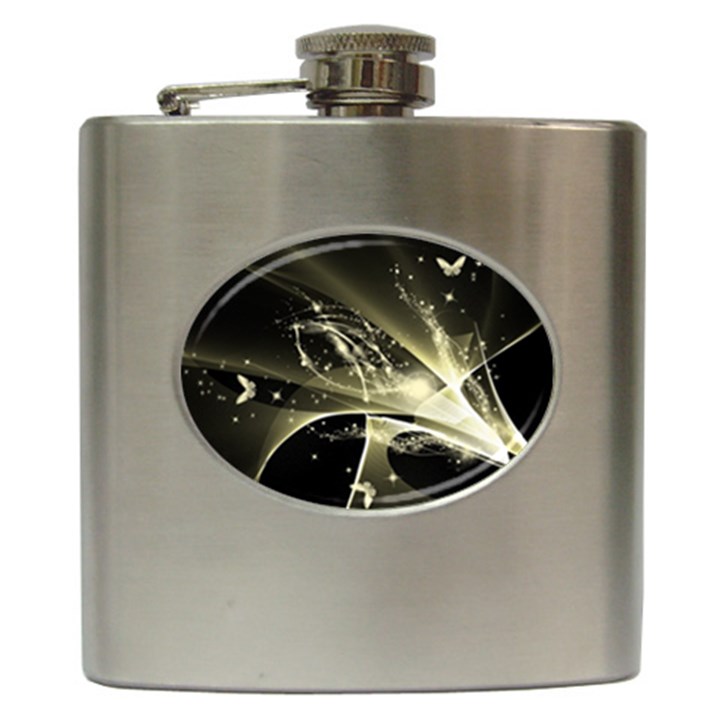 Awesome Glowing Lines With Beautiful Butterflies On Black Background Hip Flask (6 oz)