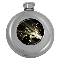 Awesome Glowing Lines With Beautiful Butterflies On Black Background Round Hip Flask (5 Oz) by FantasyWorld7