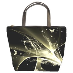 Awesome Glowing Lines With Beautiful Butterflies On Black Background Bucket Bags