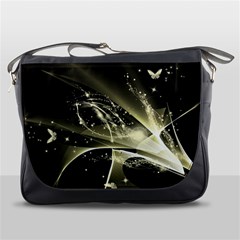 Awesome Glowing Lines With Beautiful Butterflies On Black Background Messenger Bags