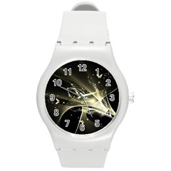 Awesome Glowing Lines With Beautiful Butterflies On Black Background Round Plastic Sport Watch (M)