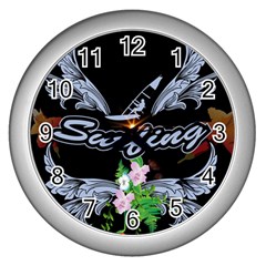 Surfboarder With Damask In Blue On Black Bakcground Wall Clocks (silver)  by FantasyWorld7