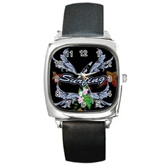 Surfboarder With Damask In Blue On Black Bakcground Square Metal Watches by FantasyWorld7