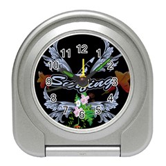 Surfboarder With Damask In Blue On Black Bakcground Travel Alarm Clocks