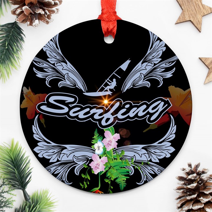 Surfboarder With Damask In Blue On Black Bakcground Round Ornament (Two Sides) 