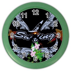 Surfboarder With Damask In Blue On Black Bakcground Color Wall Clocks by FantasyWorld7