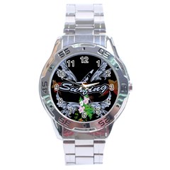 Surfboarder With Damask In Blue On Black Bakcground Stainless Steel Men s Watch by FantasyWorld7