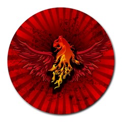 Lion With Flame And Wings In Yellow And Red Round Mousepads by FantasyWorld7