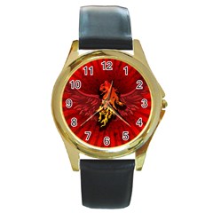 Lion With Flame And Wings In Yellow And Red Round Gold Metal Watches