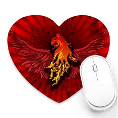 Lion With Flame And Wings In Yellow And Red Heart Mousepads