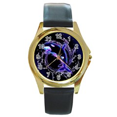 Orca With Glowing Line Jumping Out Of A Circle Mad Of Water Round Gold Metal Watches