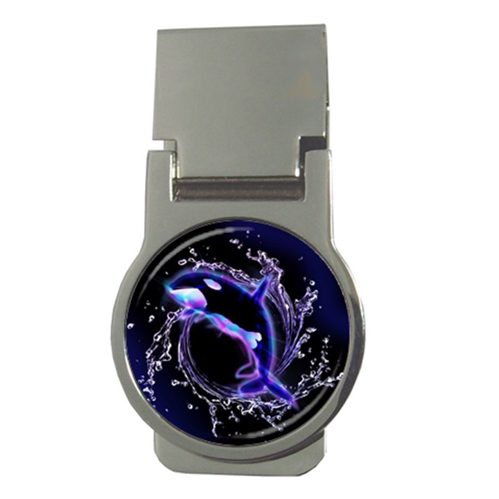 Orca With Glowing Line Jumping Out Of A Circle Mad Of Water Money Clips (Round) 