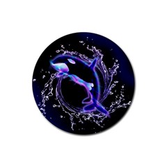 Orca With Glowing Line Jumping Out Of A Circle Mad Of Water Rubber Round Coaster (4 Pack)  by FantasyWorld7