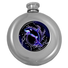 Orca With Glowing Line Jumping Out Of A Circle Mad Of Water Round Hip Flask (5 Oz) by FantasyWorld7