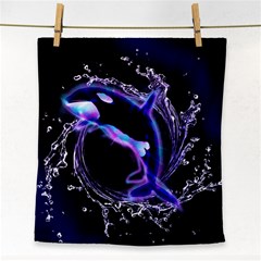 Orca With Glowing Line Jumping Out Of A Circle Mad Of Water Face Towel by FantasyWorld7