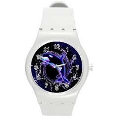 Orca With Glowing Line Jumping Out Of A Circle Mad Of Water Round Plastic Sport Watch (m)