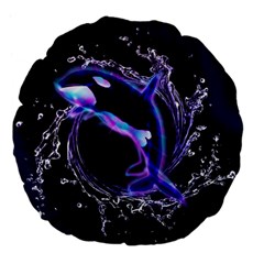 Orca With Glowing Line Jumping Out Of A Circle Mad Of Water Large 18  Premium Flano Round Cushions