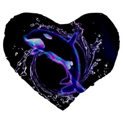 Orca With Glowing Line Jumping Out Of A Circle Mad Of Water Large 19  Premium Flano Heart Shape Cushions