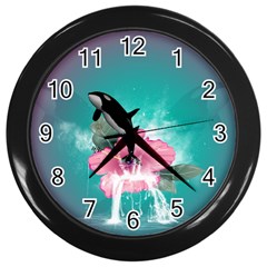 Orca Jumping Out Of A Flower With Waterfalls Wall Clocks (black)