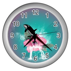 Orca Jumping Out Of A Flower With Waterfalls Wall Clocks (silver) 