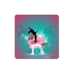 Orca Jumping Out Of A Flower With Waterfalls Square Magnet by FantasyWorld7