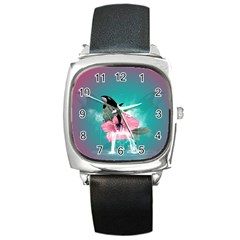 Orca Jumping Out Of A Flower With Waterfalls Square Metal Watches