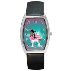 Orca Jumping Out Of A Flower With Waterfalls Barrel Metal Watches