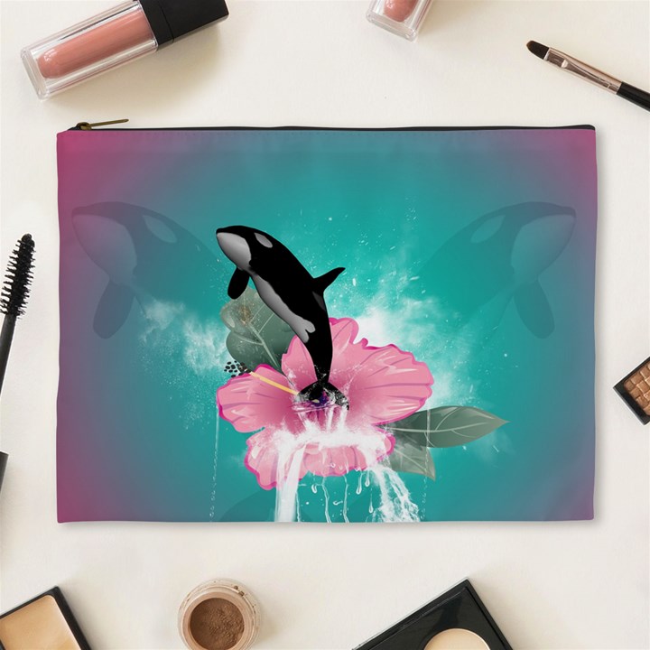 Orca Jumping Out Of A Flower With Waterfalls Cosmetic Bag (XL)