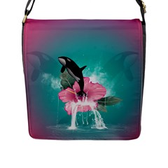 Orca Jumping Out Of A Flower With Waterfalls Flap Messenger Bag (l)  by FantasyWorld7