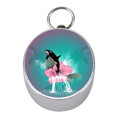 Orca Jumping Out Of A Flower With Waterfalls Mini Silver Compasses