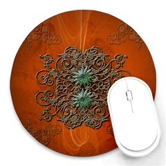 Wonderful Floral Elements On Soft Red Background Round Mousepads by FantasyWorld7