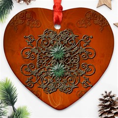 Wonderful Floral Elements On Soft Red Background Ornament (heart)  by FantasyWorld7