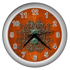 Wonderful Floral Elements On Soft Red Background Wall Clocks (silver) 