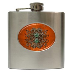 Wonderful Floral Elements On Soft Red Background Hip Flask (6 Oz) by FantasyWorld7