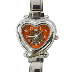 Wonderful Floral Elements On Soft Red Background Heart Italian Charm Watch by FantasyWorld7