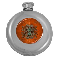 Wonderful Floral Elements On Soft Red Background Round Hip Flask (5 Oz)