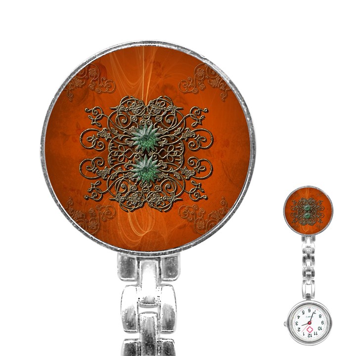 Wonderful Floral Elements On Soft Red Background Stainless Steel Nurses Watches