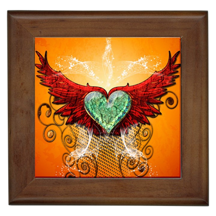 Beautiful Heart Made Of Diamond With Wings And Floral Elements Framed Tiles