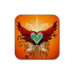 Beautiful Heart Made Of Diamond With Wings And Floral Elements Rubber Coaster (square)  by FantasyWorld7