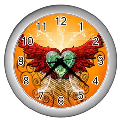 Beautiful Heart Made Of Diamond With Wings And Floral Elements Wall Clocks (silver) 