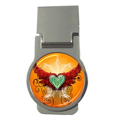 Beautiful Heart Made Of Diamond With Wings And Floral Elements Money Clips (round) 