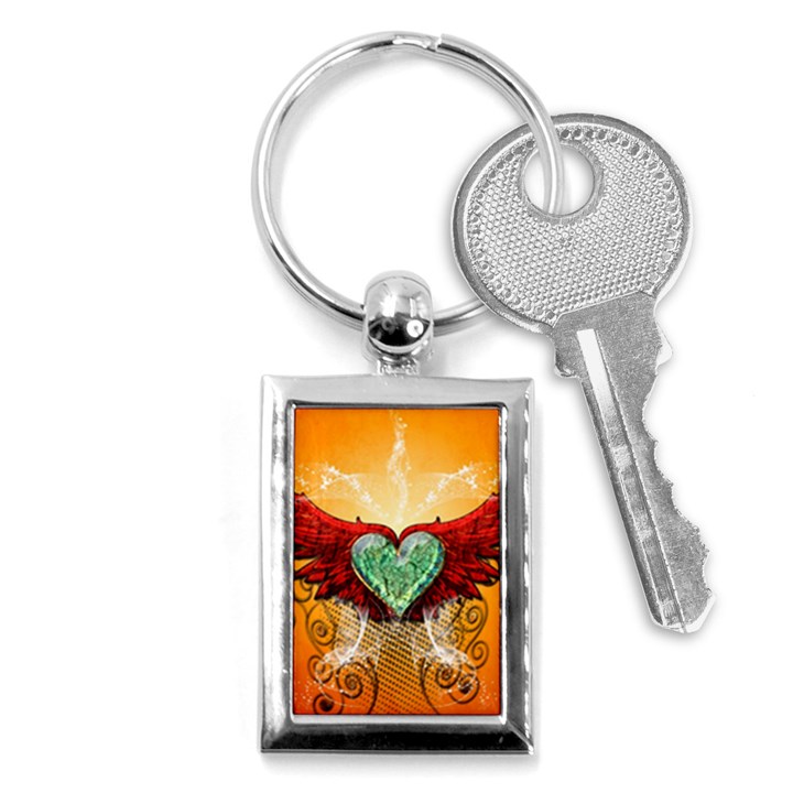 Beautiful Heart Made Of Diamond With Wings And Floral Elements Key Chains (Rectangle) 