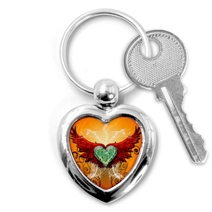 Beautiful Heart Made Of Diamond With Wings And Floral Elements Key Chains (Heart) 